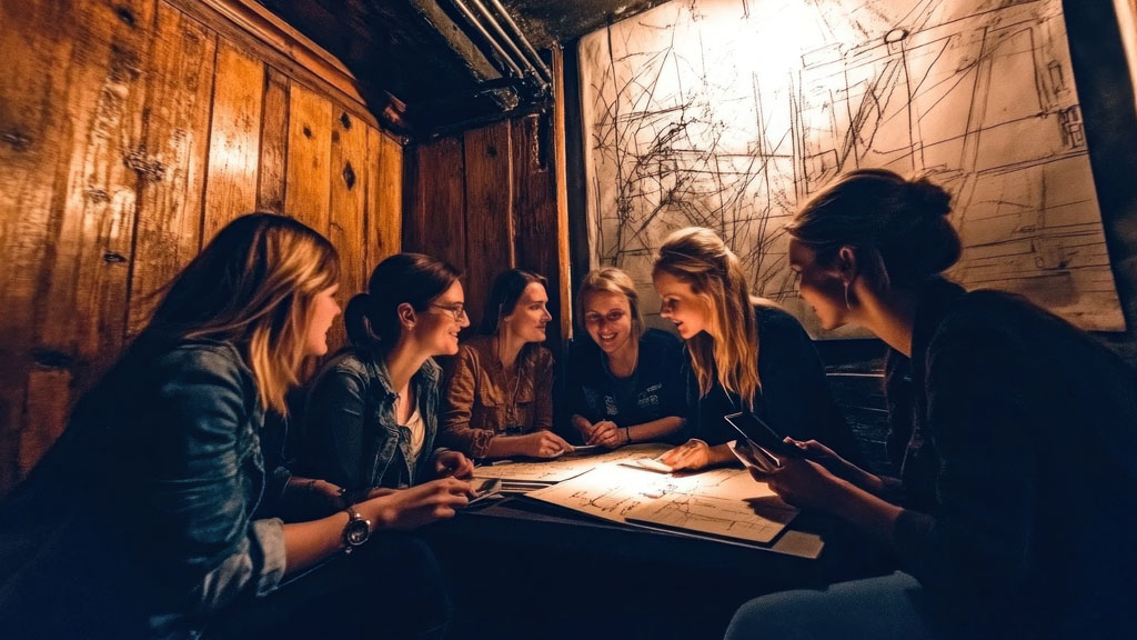 Deux amis concentrés devant un mur d'indices dans un escape game style enquête à Bordeaux