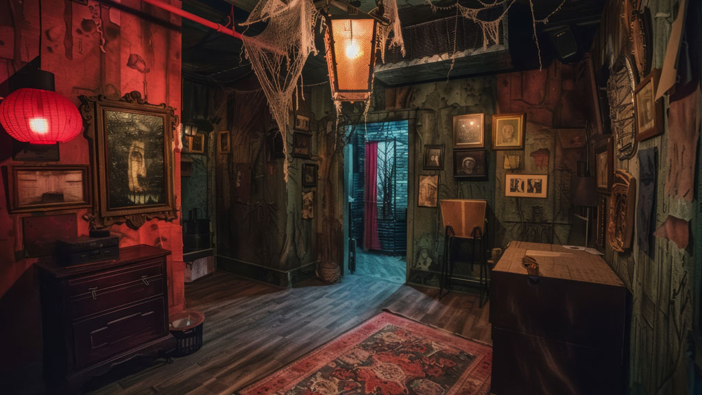 Couloir atmosphérique d'un escape game thème horreur avec décors travaillés