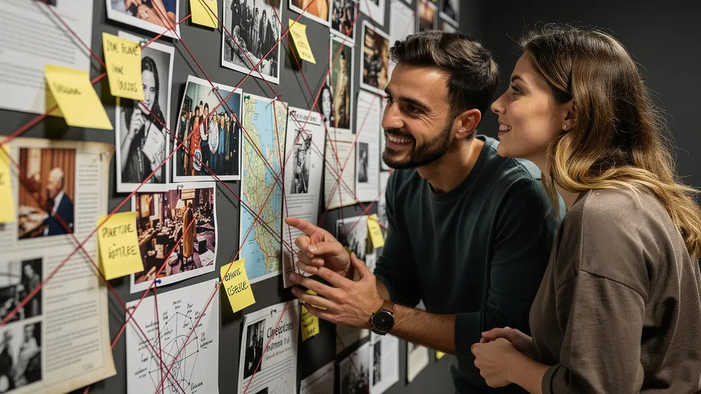 Deux amis concentrés devant un mur d'indices dans un escape game style enquête à Bordeaux