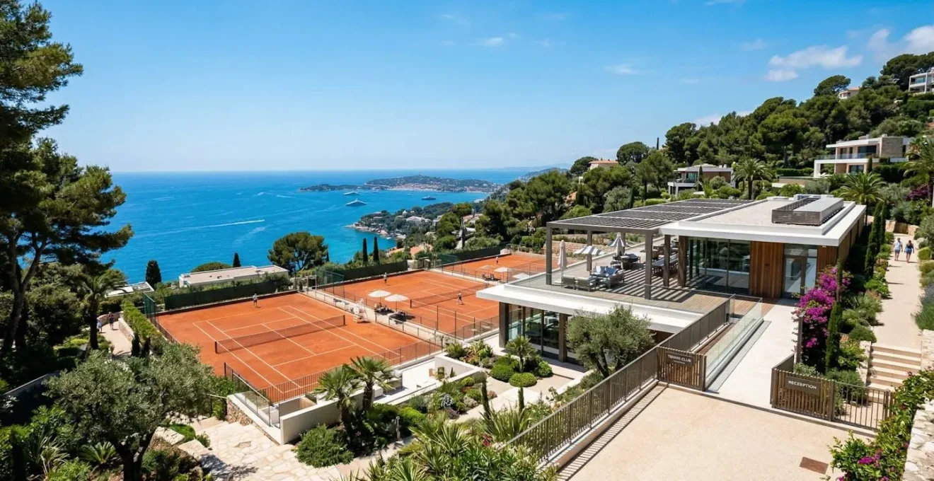 Vue grand angle d'un terrain de tennis moderne avec architecture contemporaine de resort sous un ciel bleu méditerranéen éclatant, espace extérieur vide ou avec personnes en arrière-plan flou