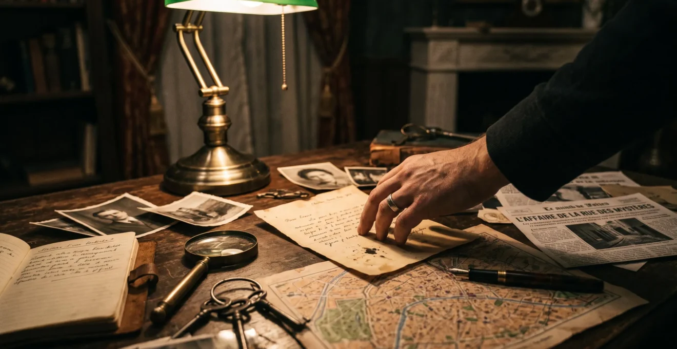 Gros plan sur des indices narratifs dans une salle d'escape game thématique enquête : documents vieillis, photographies et objets disposés sur une table, éclairés par une lumière d'ambiance dramatique