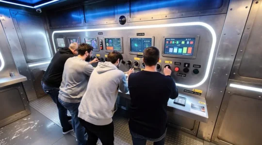 Quatre joueurs concentrés dans une salle d'escape game au décor spatial futuriste, regroupés autour d'un panneau de contrôle mural, manipulant des éléments du décor immersif éclairé de néons bleutés