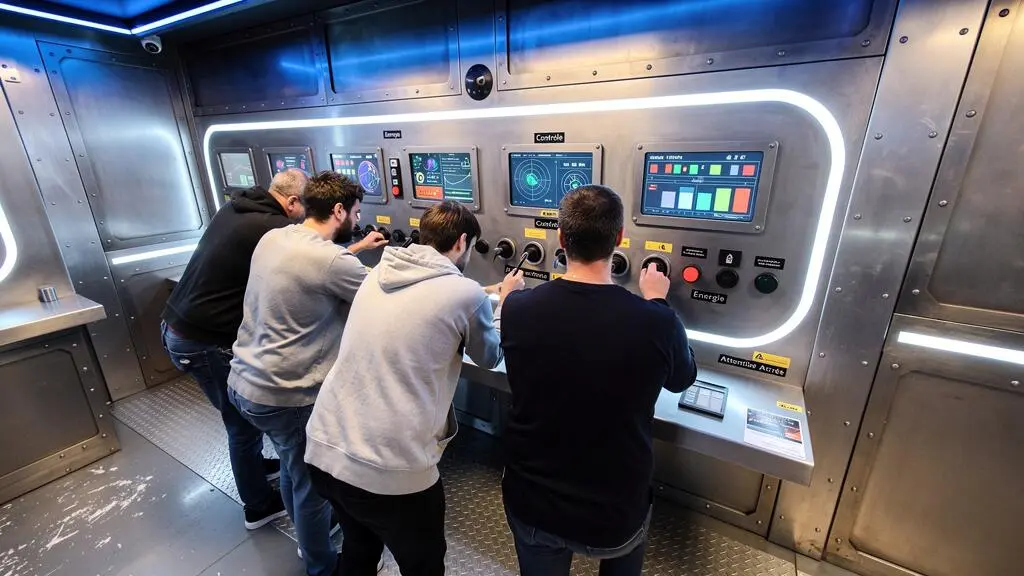 Quatre joueurs concentrés dans une salle d'escape game au décor spatial futuriste, regroupés autour d'un panneau de contrôle mural, manipulant des éléments du décor immersif éclairé de néons bleutés